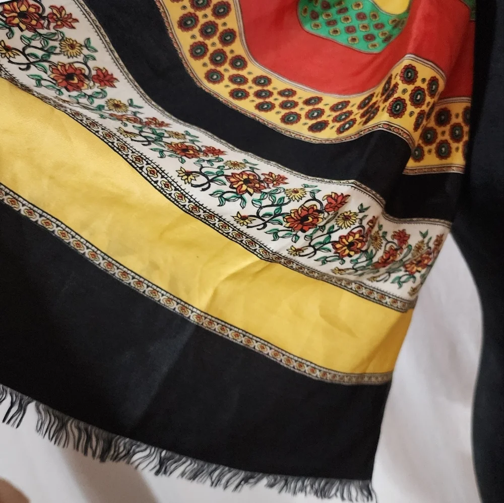 Vintage Silk Blend Long Scarf Colorful Boho Ethnic Print Black Yellow Red